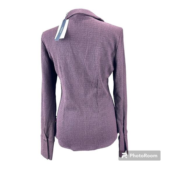 Who What Wear brown Kenna v-neck collared blouse slub polyester top SZ MED - Picture 2 of 4